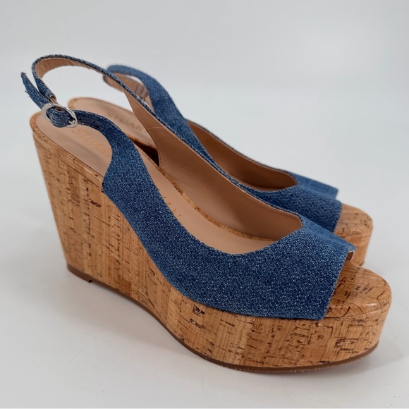 Stuart Weitzman Riviera Blue Denim Wedge Sandals 8 - Picture 2 of 8